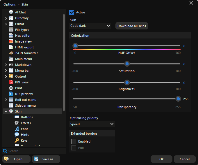 Skin selection in the Options dialog